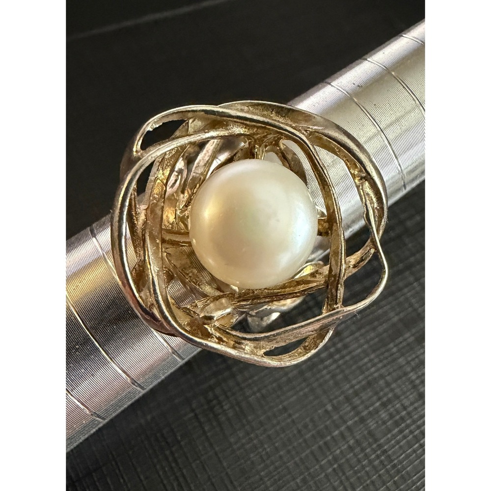 Sterling Silver Ring Genuine Pearl Sculptural Modernist Nest Size 7